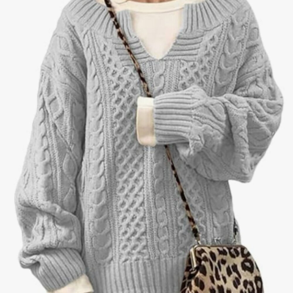 Women's Winter Chunky V Neck Long Sleeve Loose Cable Knit Sweater Pullover - L